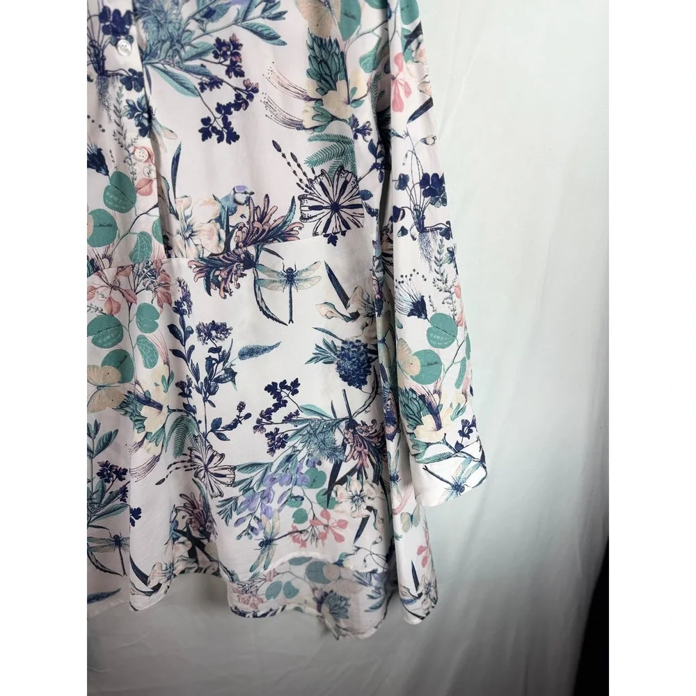 Cupio Womens XL Dragonfly‎ Butterfly Floral Print Button Up Tunic Shirt Top